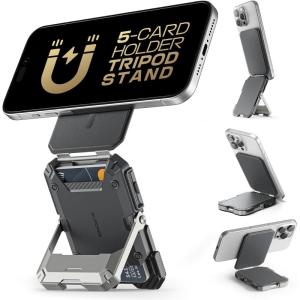 imageSUPCASE for MagSafe Wallet with Stand Magnetic Wallet for Men Hold 5 Cards Adjustable Stand RFID Blocking Phone Stand Credit Card Holder Tripod for iPhone 1615141312 Series BlackSilver