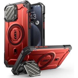 imageSUPCASE for iPhone 15 Pro Case with Stand Unicon Beetle Mag XT Compatible with MagSafe Builtin Camera Cover Kickstand Heavy Duty Rugged Strong Magnetic Phone Case for iPhone 15 Pro BlackRed