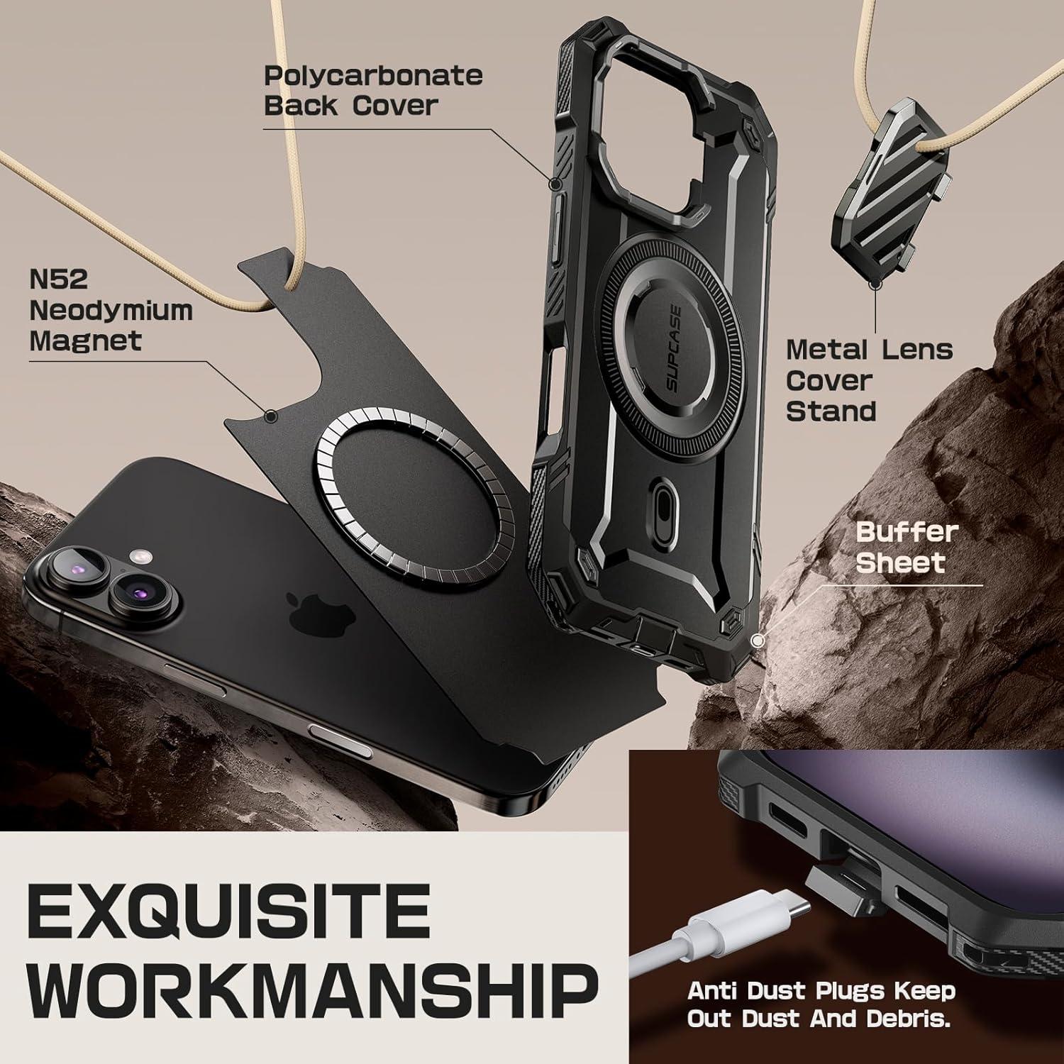 imageSUPCASE for iPhone 16 Case 61 2024 with Camera Cover Stand UBMag XT Compatible with MagSafe Builtin Kickstand MilitaryGrade Protection Heavy Duty Rugged Magnetic Phone Case BlackBlack