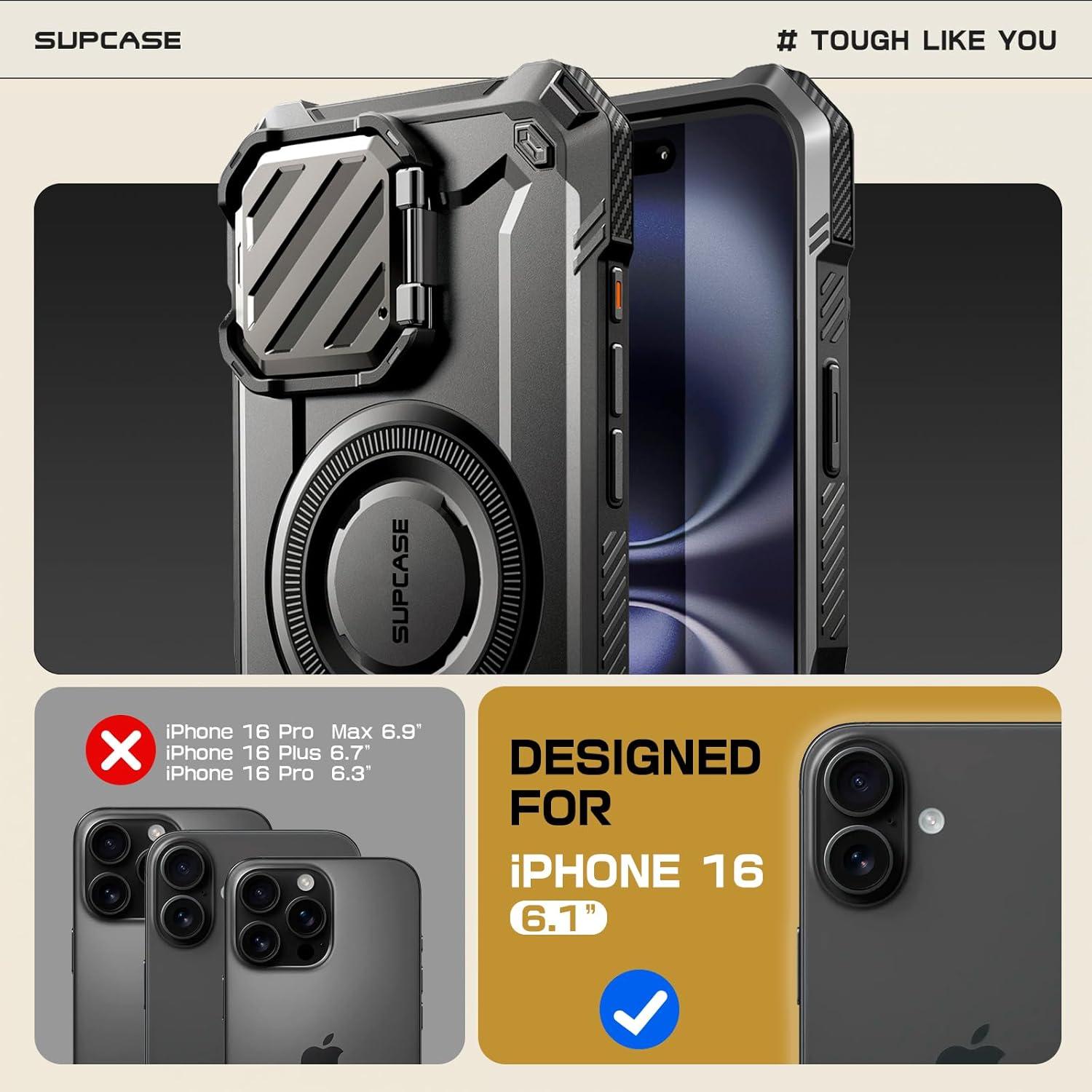 imageSUPCASE for iPhone 16 Case 61 2024 with Camera Cover Stand UBMag XT Compatible with MagSafe Builtin Kickstand MilitaryGrade Protection Heavy Duty Rugged Magnetic Phone Case BlackBlack
