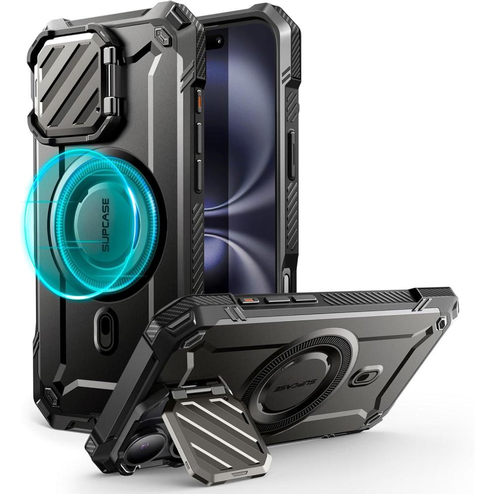 imageSUPCASE for iPhone 16 Case 61 2024 with Camera Cover Stand UBMag XT Compatible with MagSafe Builtin Kickstand MilitaryGrade Protection Heavy Duty Rugged Magnetic Phone Case BlackBlack